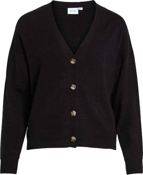 Zwarte VILA cardigan met V-hals en knopen op een witte achtergrond.