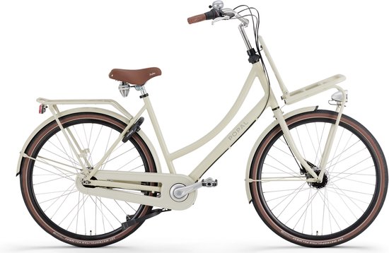 Crèmekleurige transportfiets met bruin zadel, bruine banden en bagagedrager.