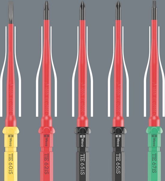 Vijf isolerende schroevendraaiers met rode handvatten. De handvatten zijn geel, rood, zwart, zwart en groen.