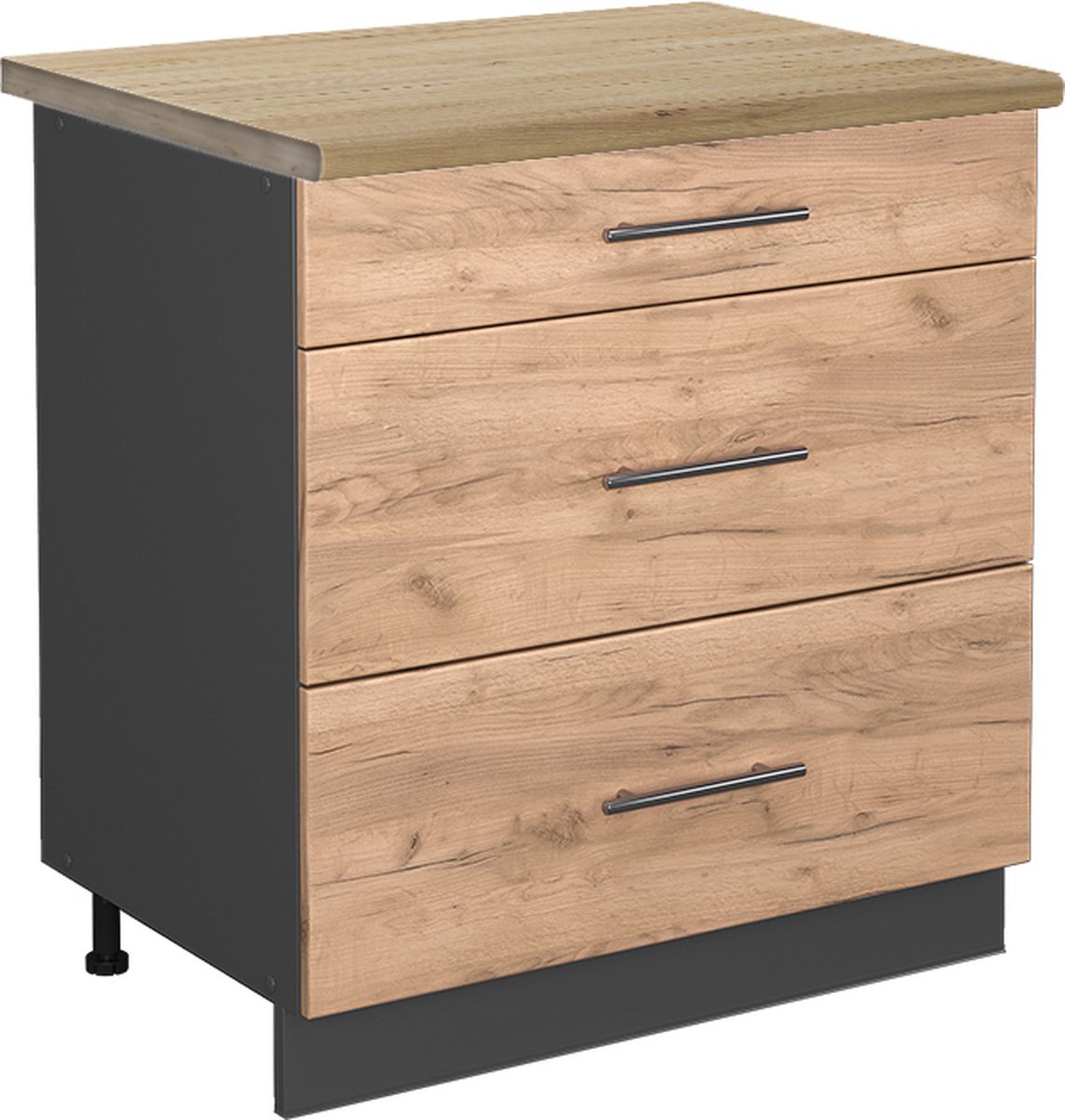 Vicco Fame-Line Keukenonderkast – 80 cm met 3 laden, WB Eik Krachtige eik goud Goudkleurig Eiken/Antraciet