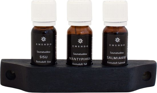 Emendo set Sauna geuren 3 x 10 ml inclusief houten rekje - Opgietmiddel Sauna
