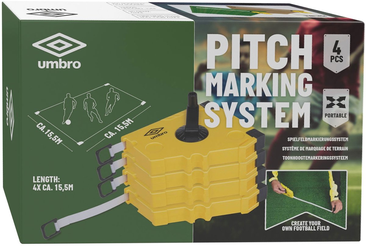 Umbro Speelveld Markeringssysteem - 4 Stuks - Voetbal, Basketball en Hockey - Lijnen van Max. 15M - Geel