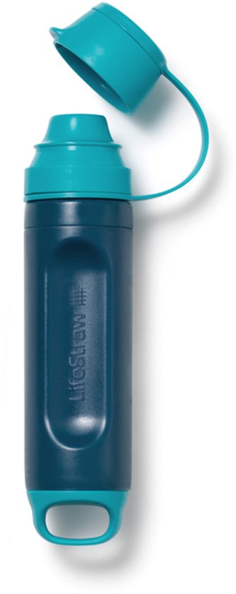 Donkerblauwe LifeStraw waterfilter met turquoise dop, tuit en draaglus aan de onderkant.