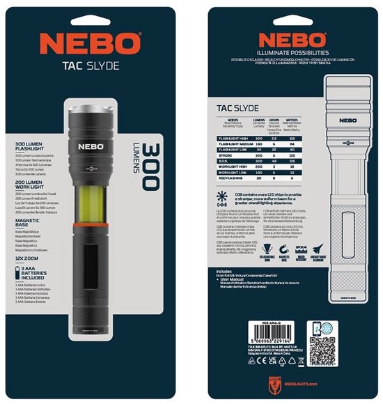 Verpakking van de Nebo Tac Slyde zaklamp met productinformatie en afbeelding.