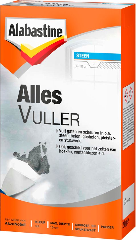 Alabastine Allesvuller poeder, wit. Voor gaten en scheuren in steen, beton en stucwerk. 2 kg.