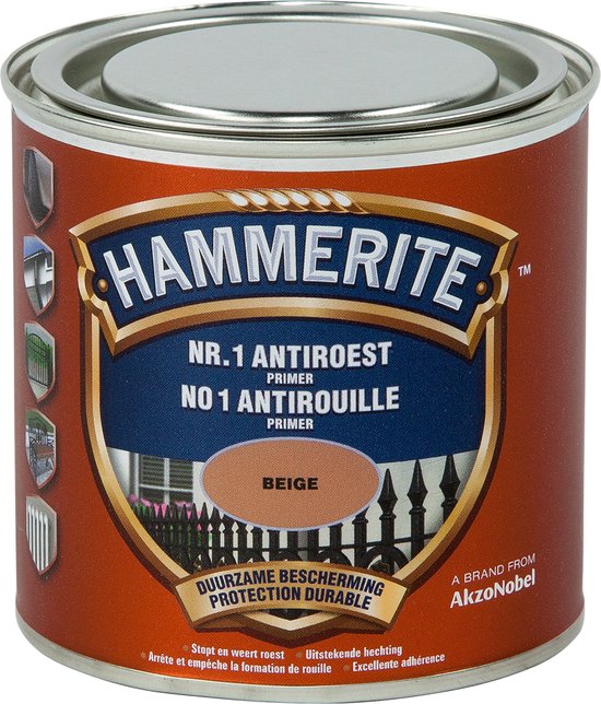 Blik Hammerite Nr.1 Antiroest Primer Beige met oranje label en de tekst 'Duurzame bescherming'.