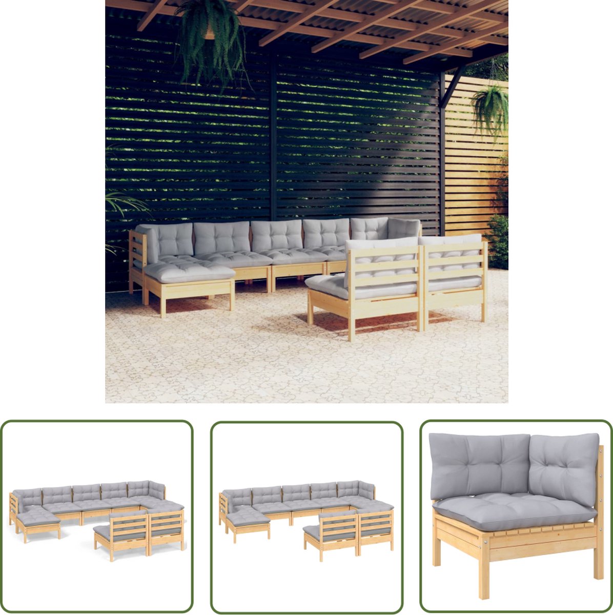 The Living Store 9-delige Loungeset met grijze kussens grenenhout - Loungeset - Tuinset - Hout - Grenenhout - Lounge Bank