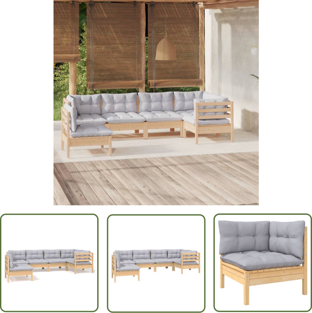 The Living Store 6-delige Loungeset met grijze kussens grenenhout - Loungeset - Tuinset - Hout - Grenenhout - Lounge Stoel
