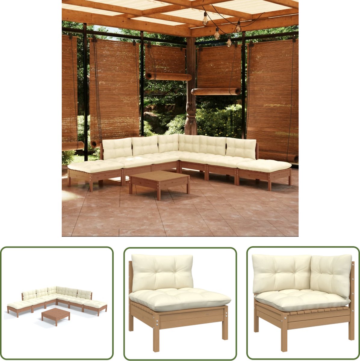 The Living Store 8-delige Loungeset met kussens grenenhout honingbruin - Loungeset - Tuinset - Tuinmeubelen - Hout - Grenenhout