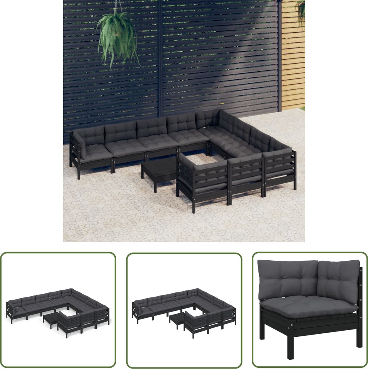 Zwarte loungeset met kussens van grenenhout - The Living Store.