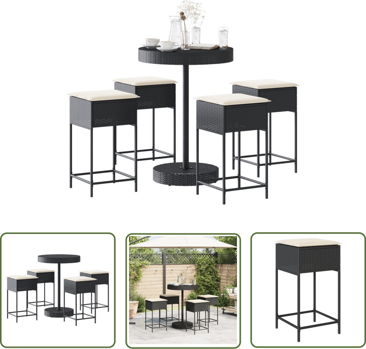 The Living Store 5-delige Tuinbarset met kussens poly rattan zwart - Tuinbarset - Bistroset - Buitentijd - Lounge Set - Tuinset