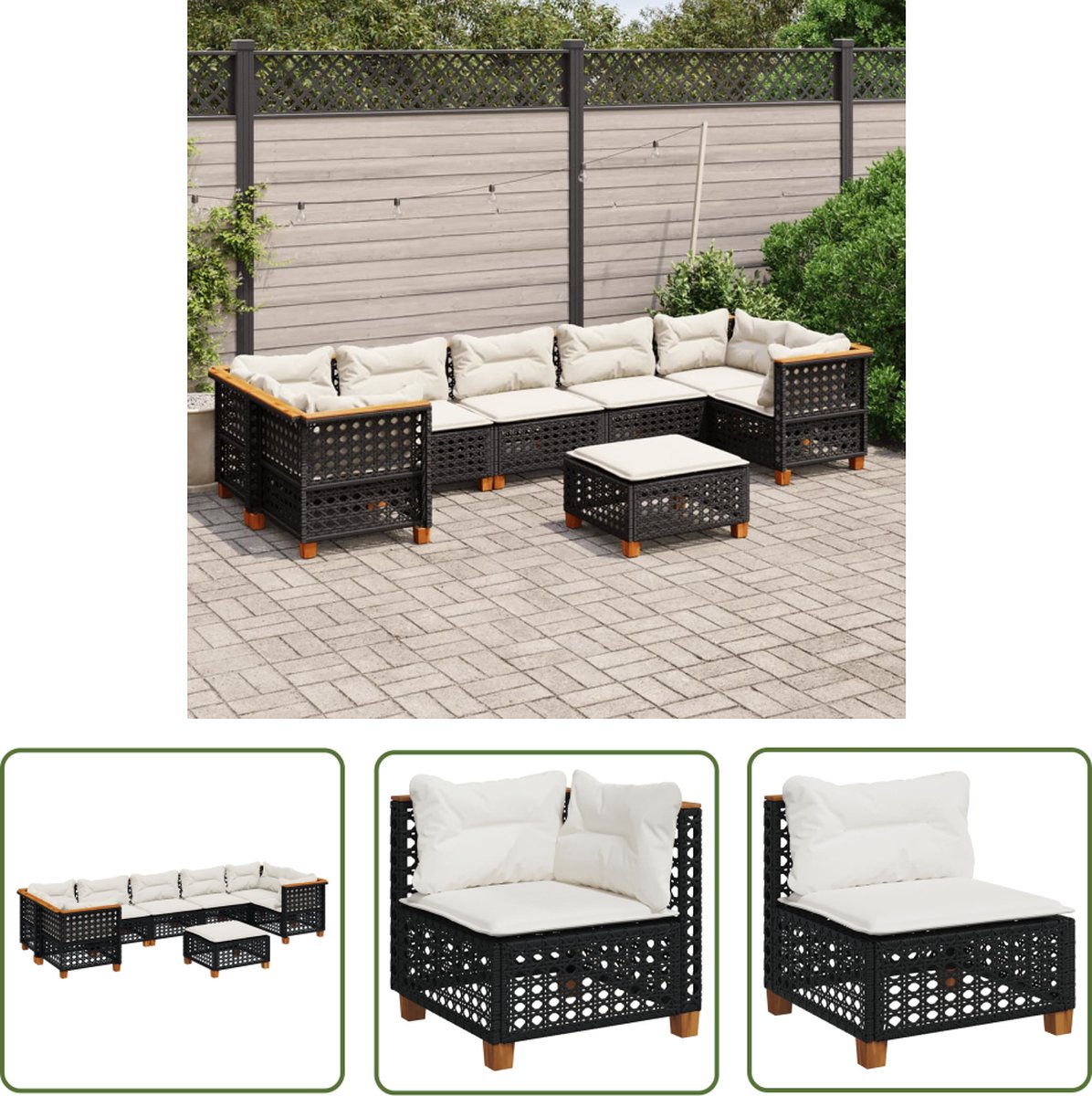 Loungeset van poly rattan in zwart met kussens voor tuinmeubels.
