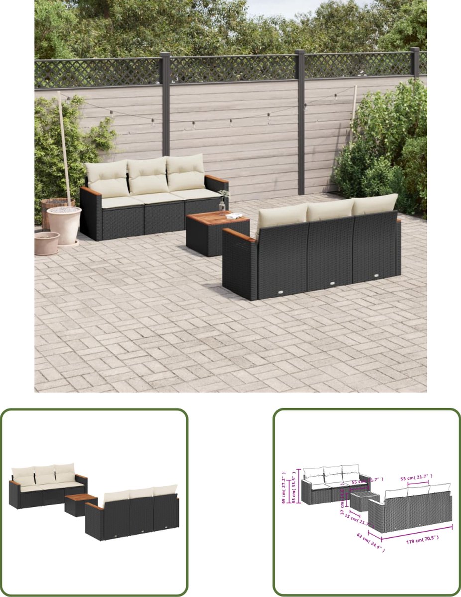The Living Store 7-delige Loungeset met kussens poly rattan zwart - Loungeset - Lounge Set - Tuinlounge - Buitendining - Tuinmeubels