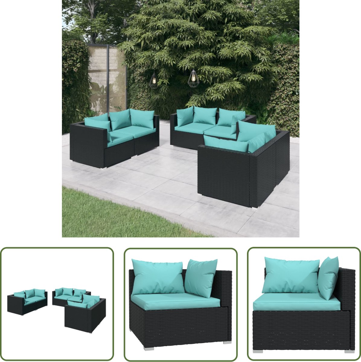 The Living Store 6-delige Loungeset met kussens poly rattan zwart - Loungeset - Tuinmeubels - Lounge Set - Buitenshuis Zitten - Relaxen