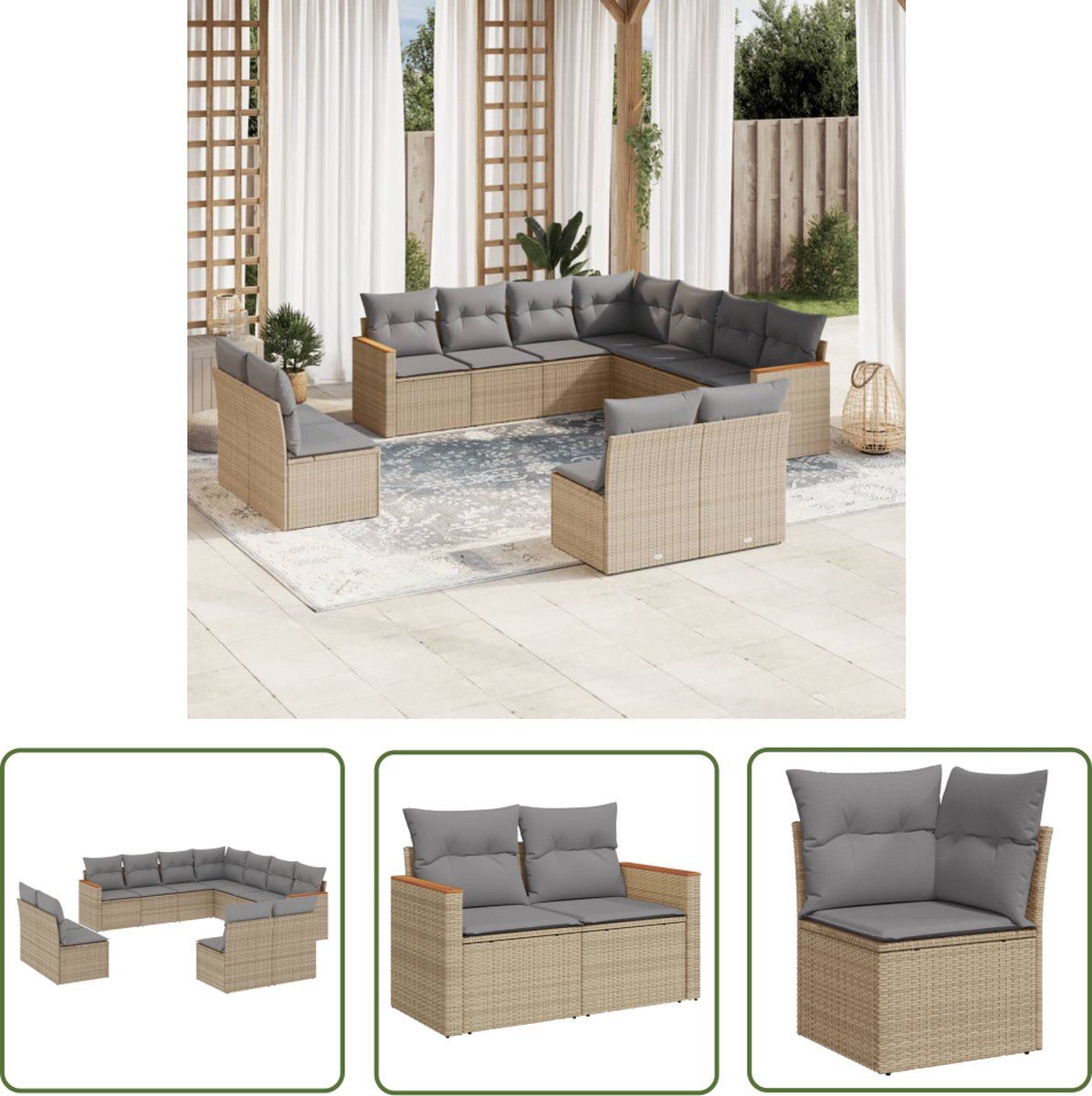 The Living Store 11-delige Loungeset met kussens poly rattan gemengd beige - Loungeset - Tuinset - Lounge Set - Buitendecoratie - Garden Furniture