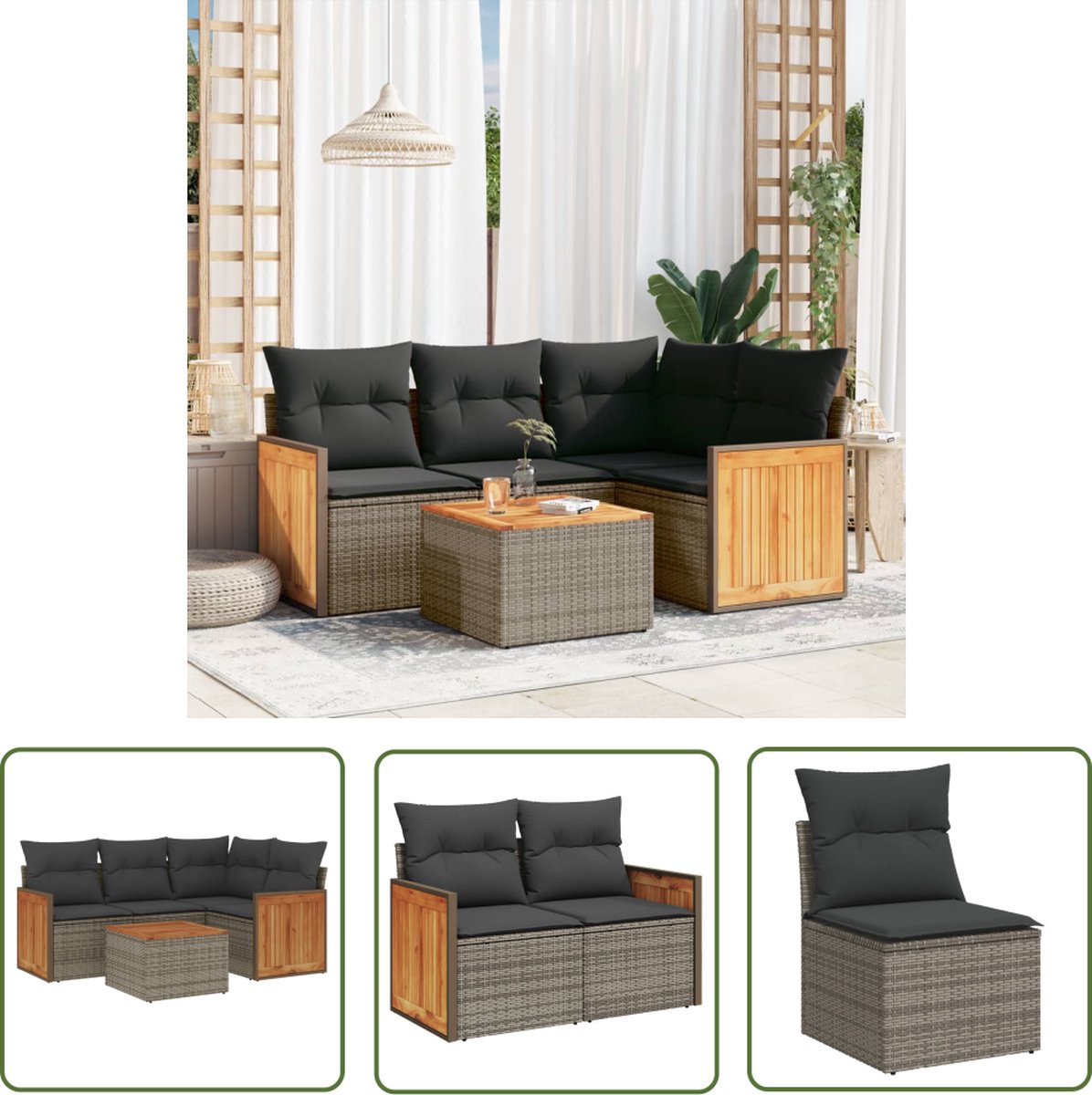 The Living Store 5-delige Loungeset met kussens poly rattan grijs - Loungeset - Lounge Set - Buitendecoratie - Tuinmeubels - Ratan Meubel