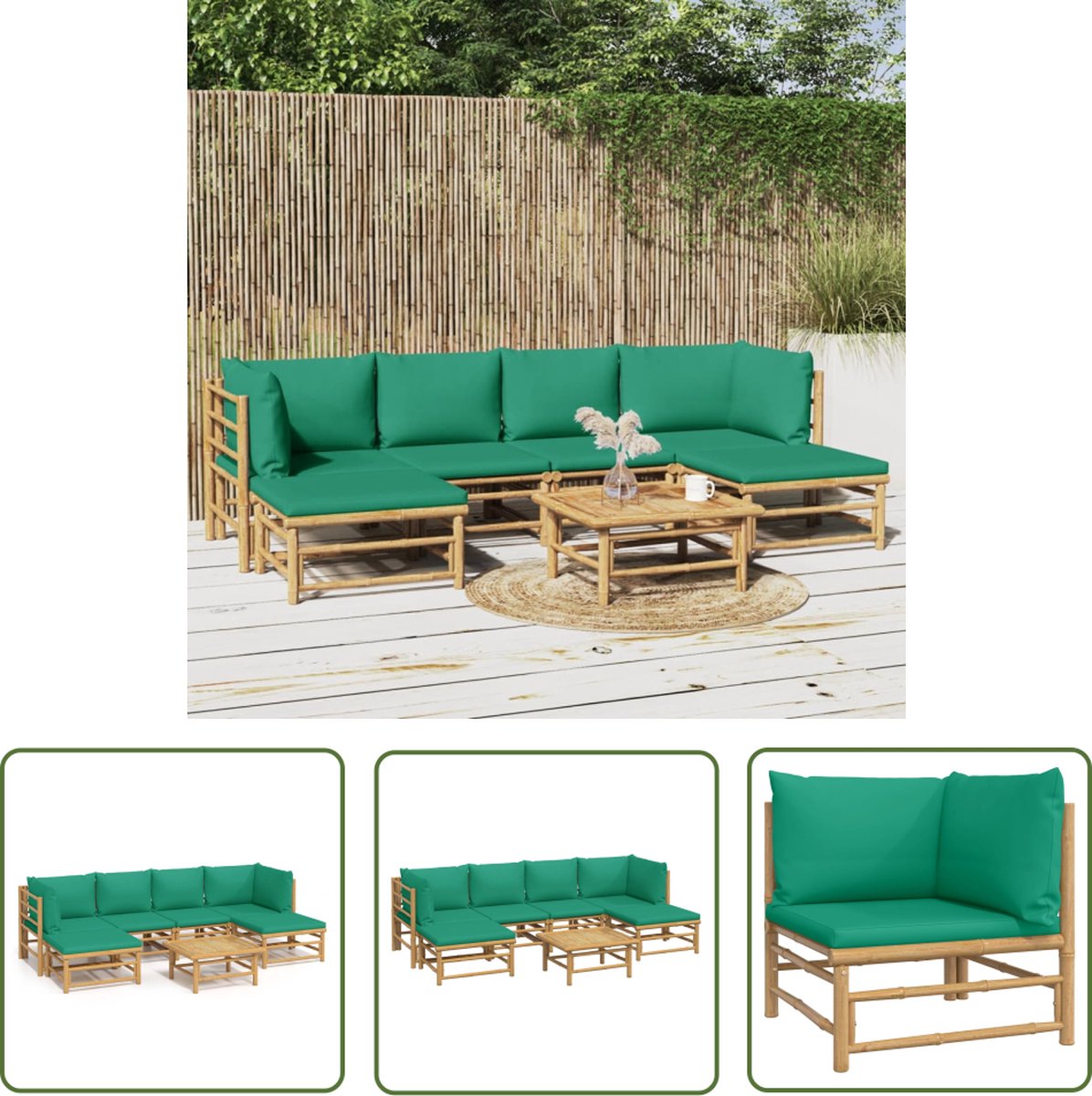 The Living Store 7-delige Loungeset met kussens bamboe groen - Tuinset - Lounge Set - Bamboemeubel - Buisituin - Comfortabele Bank
