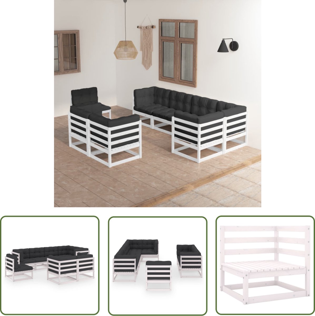 Massief grenenhouten loungeset met kussens - Tuinmeubilair - The Living Store.