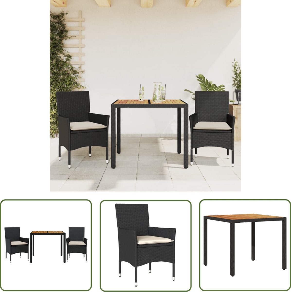 Tuinset van zwart poly rattan en acaciahout met kussens.