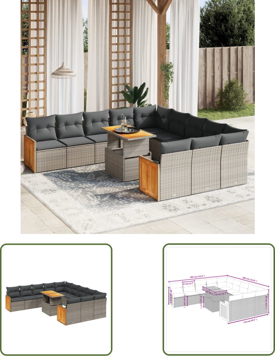 The Living Store 11-delige Loungeset met kussens poly rattan grijs - Loungeset - Tuinmeubelen - Pe Rattan - Modulair Design - Grijze Lounge Set