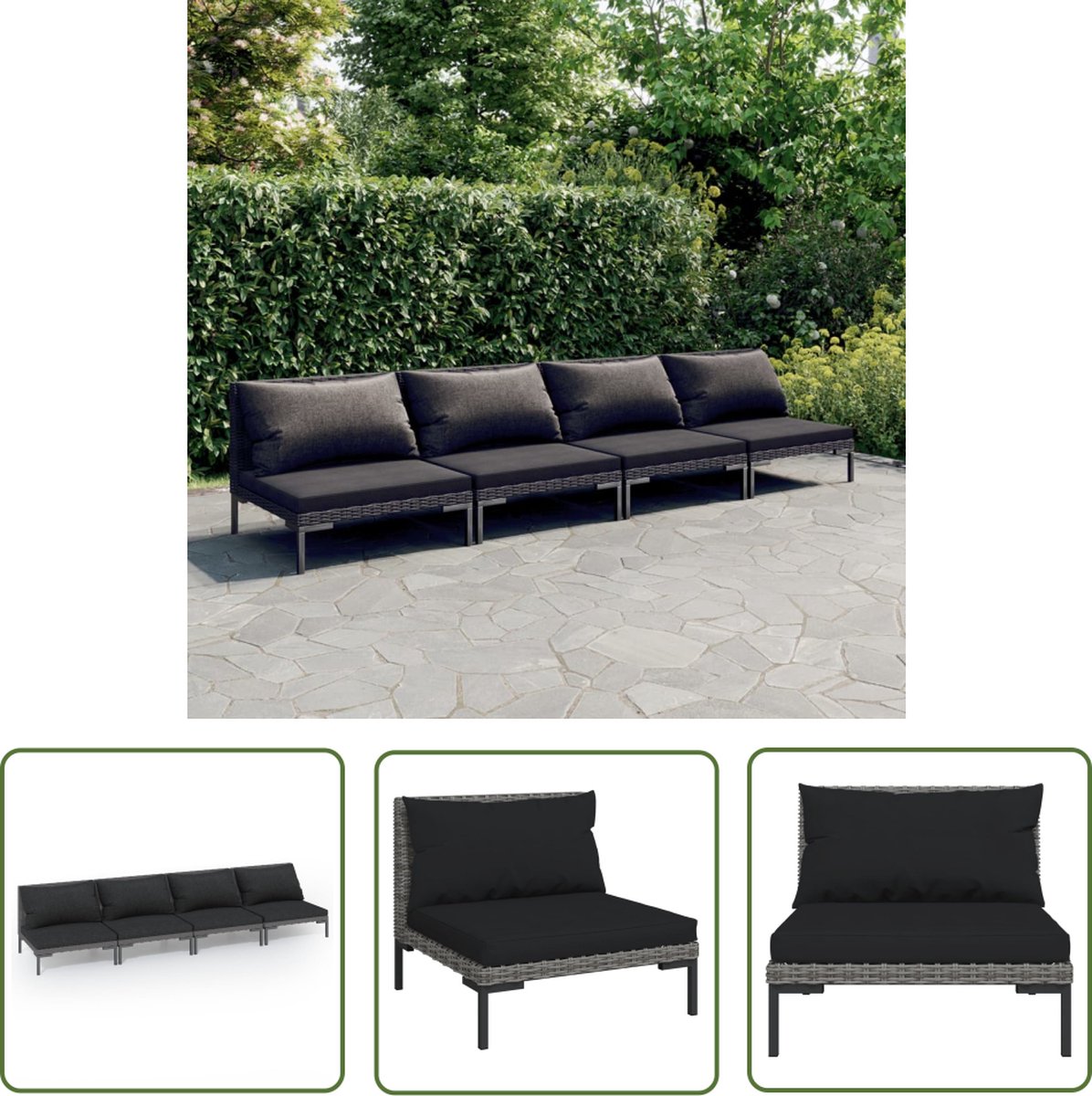 The Living Store 4-delige Loungeset met kussens poly rattan donkergrijs - Loungeset - Lounge Set - Tuinmeubel - Buitendecor - Outdoor Furniture