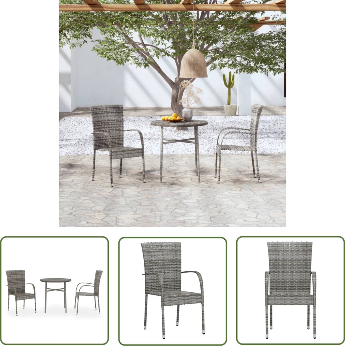 Grijze poly rattan tuinset met tuinstoel en tuintafel van The Living Store.