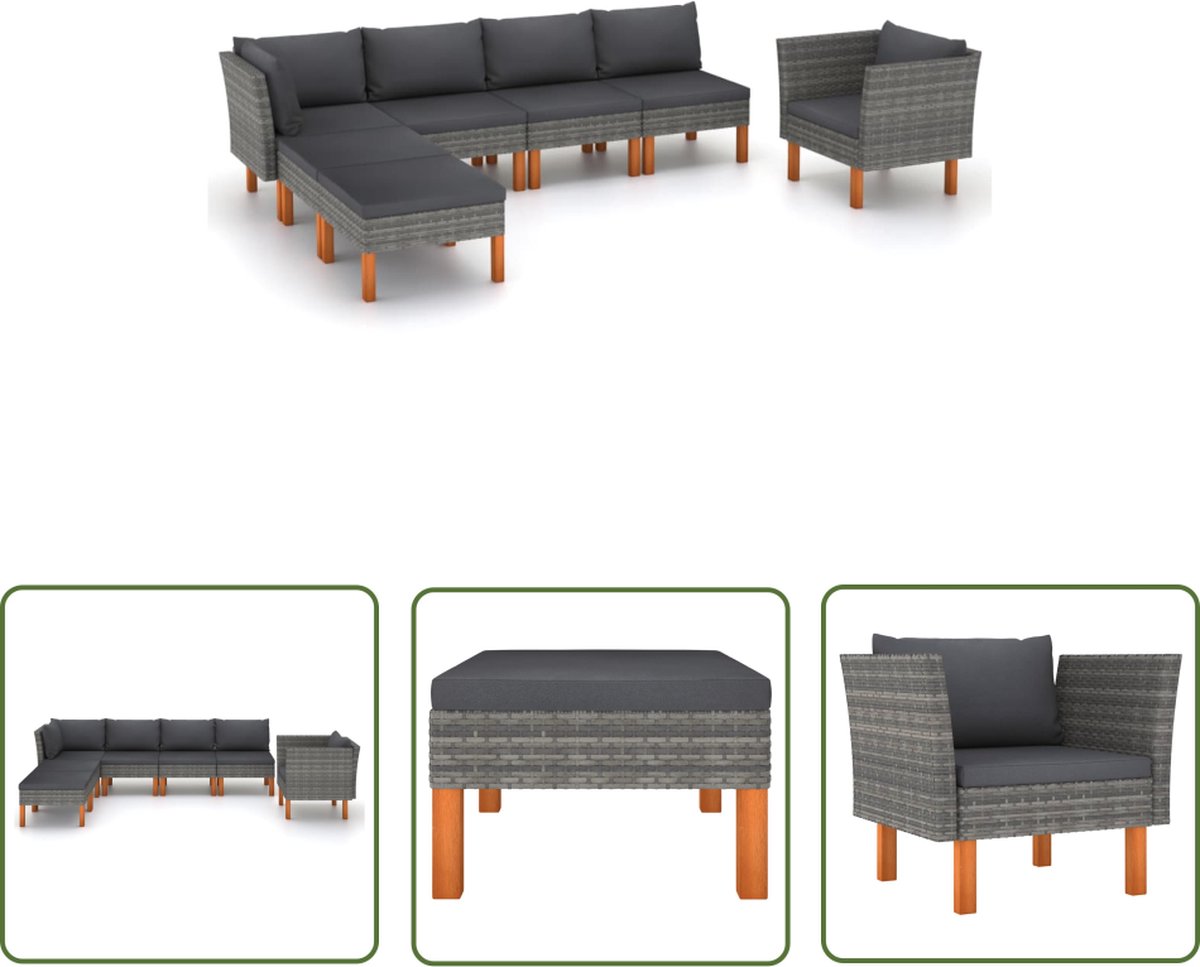 The Living Store 7-delige Loungeset poly rattan en eucalyptushout grijs - Tuinstoel - Lounge Set - Buitendecor - Buitenleven - Patio Furniture