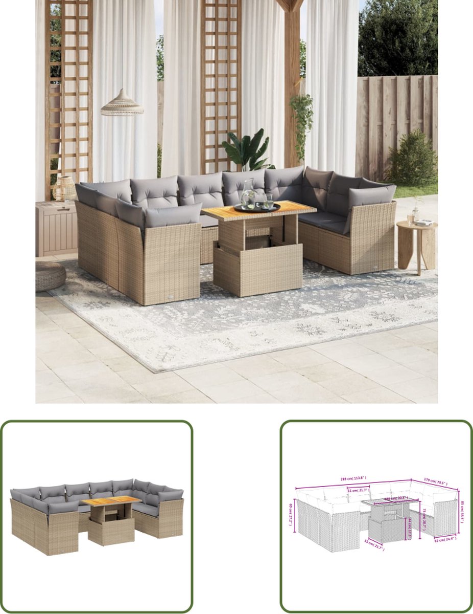 The Living Store 10-delige Loungeset met kussens poly rattan beige - Loungeset - Tuinset - Buitendecoratie - Lounge Set - PE-rattan