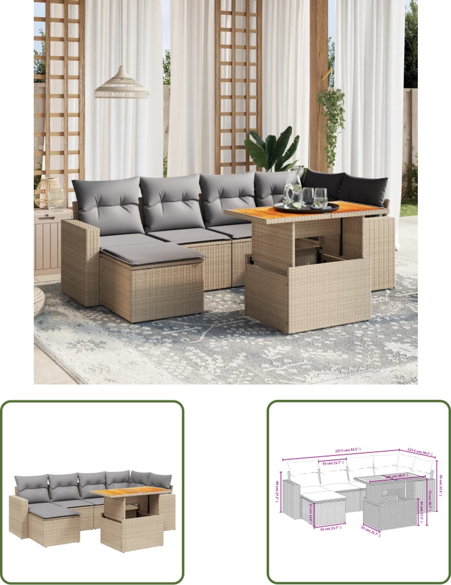 The Living Store 7-delige Loungeset met kussens poly rattan beige - Loungeset - Tuinmeubels - Lounge Set - Buitendecoratie - Tuinontwerp