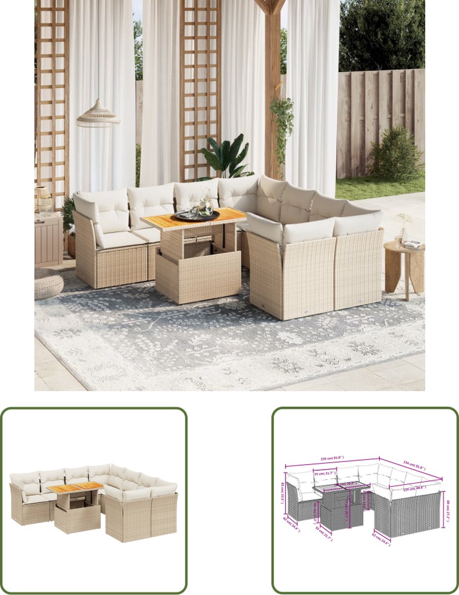 The Living Store 9-delige Loungeset met kussens poly rattan beige - Loungeset - Tuinset - Buitendecoratie - Lounge Set - Tuinmeubels