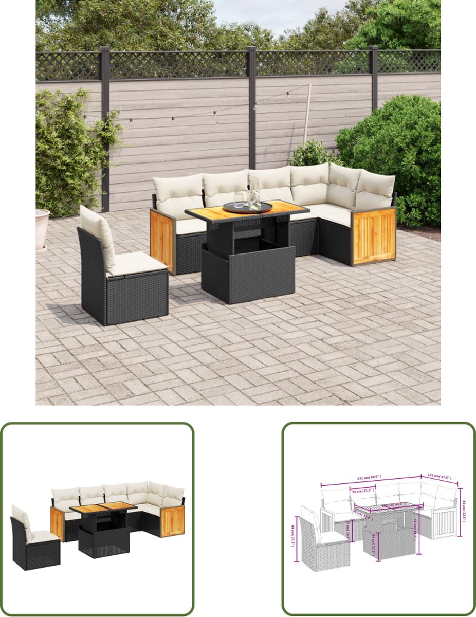 The Living Store 7-delige Loungeset met kussens poly rattan zwart - Loungeset - Tuinmeubels - Lounge Set - PE-rattan - Outdoor Furniture