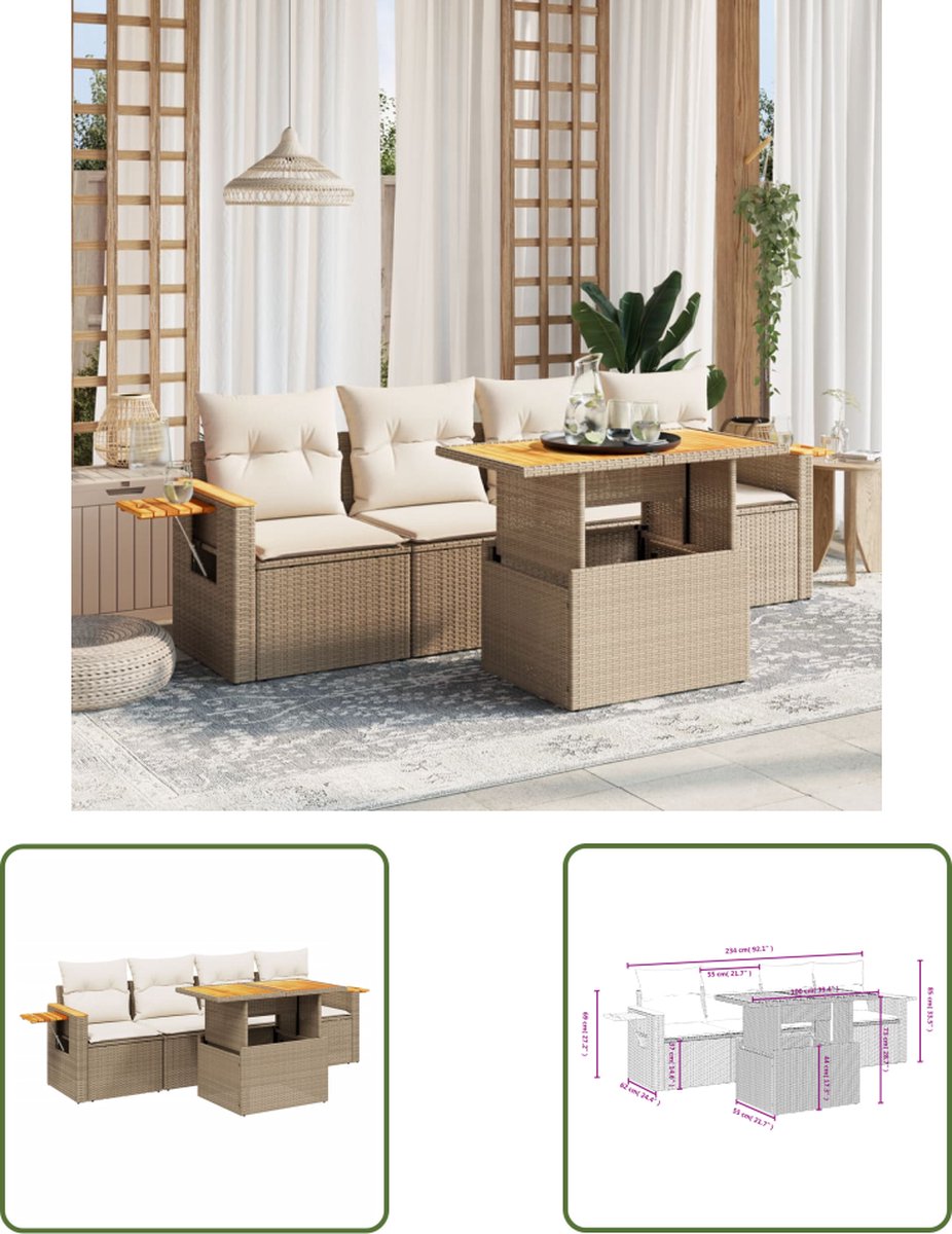 Poly rattan loungeset in beige met kussens voor tuinmeubels - The Living Store.