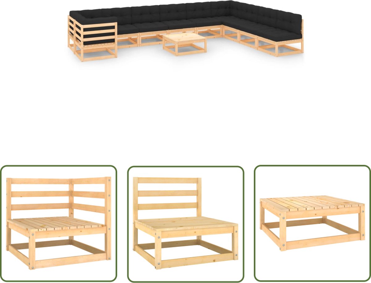 The Living Store 11-delige Loungeset met antracietkleurige kussens grenenhout - Loungeset - Tuinlounge - Lounge Stoffering - Buitendecor - Houtmeubilair