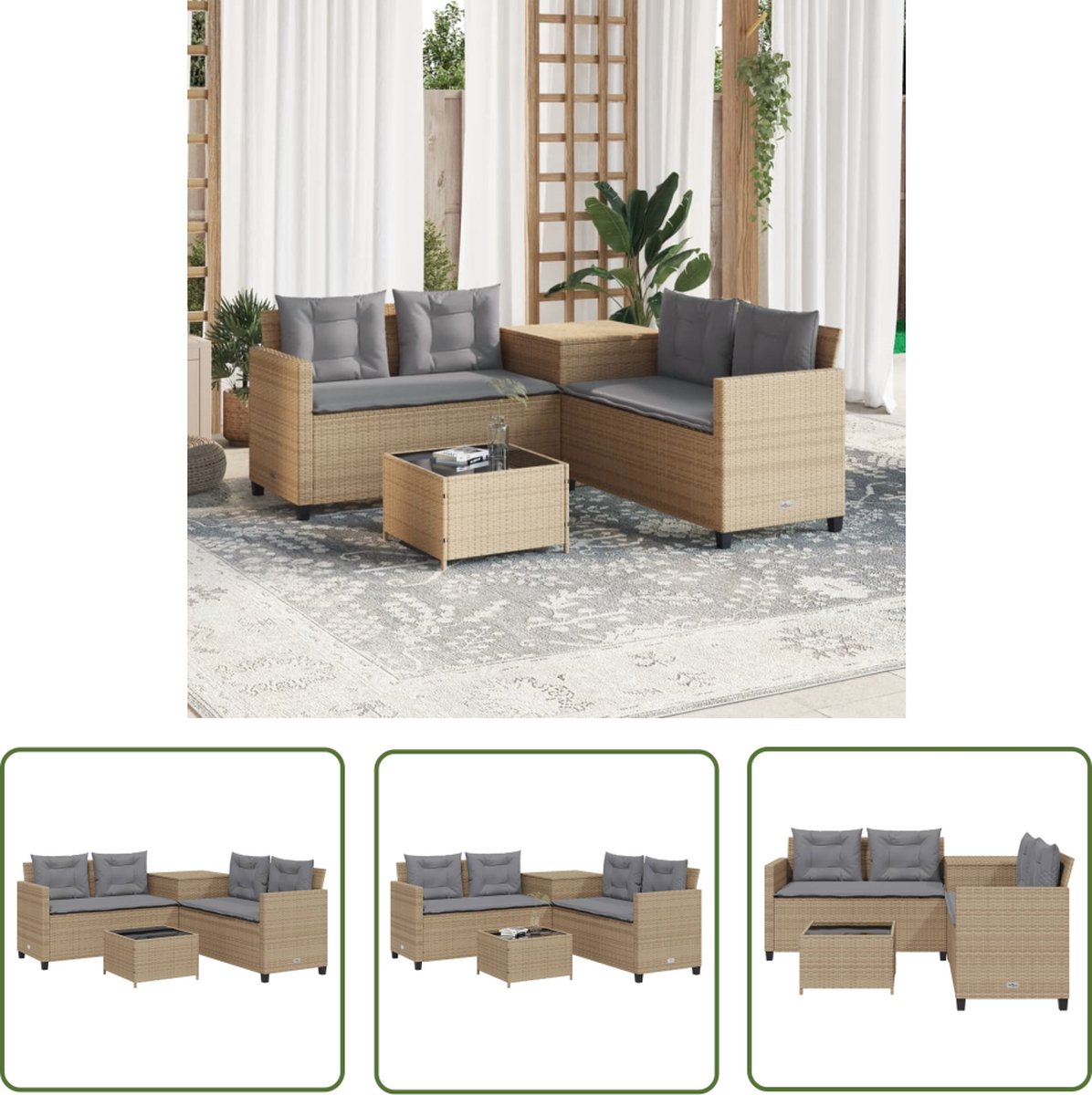 The Living Store Tuinbank met tafel en kussens L-vormig poly rattan beige - Tuinbank - Buitenmeubel - Lounge Bank - PE Rattan - Beige
