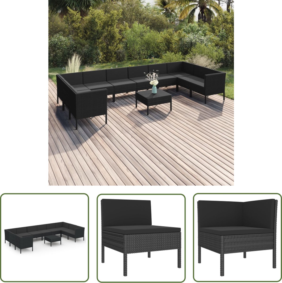 The Living Store 11-delige Loungeset met kussens poly rattan zwart - Loungeset - Tuinset - Buitenkamer - Garden Furniture - Loungestoel