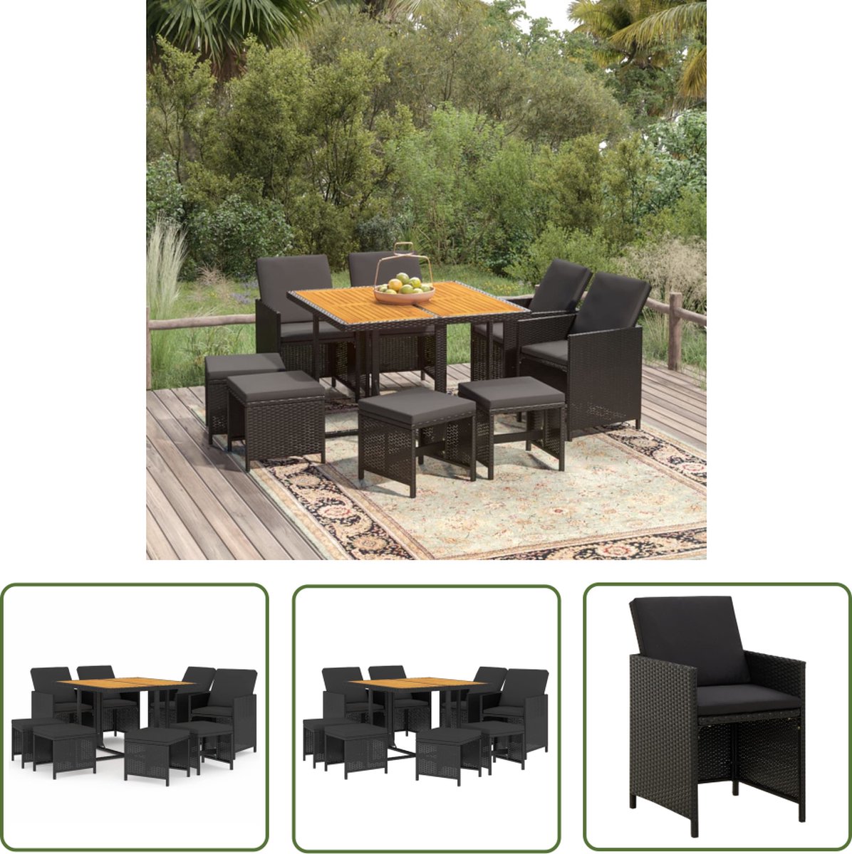 Zwart poly rattan tuinset met kussens - The Living Store.