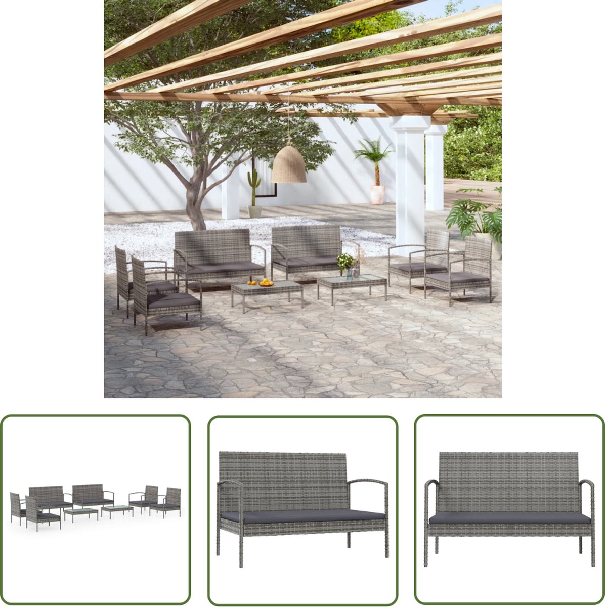 Grijze poly rattan loungeset met kussens voor buiten - The Living Store.