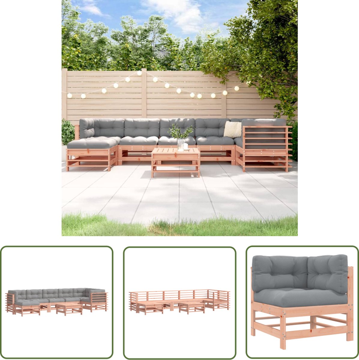 Massief douglashouten loungeset met kussens in natuurlijke kleuren.