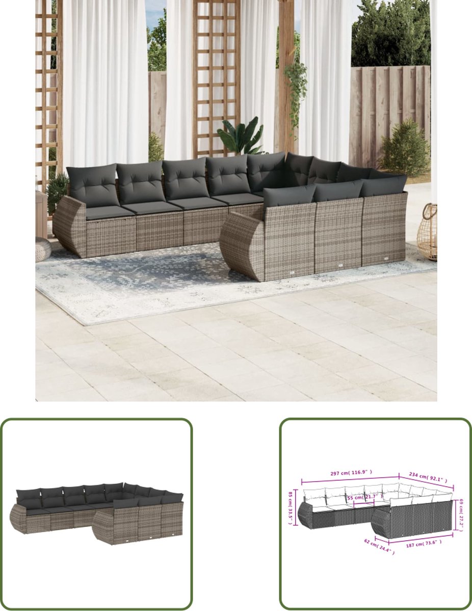 The Living Store 10-delige Loungeset met kussens poly rattan grijs - Loungebank - Lounge Set - Tuinset - Buitendecoratie - Tuinbank