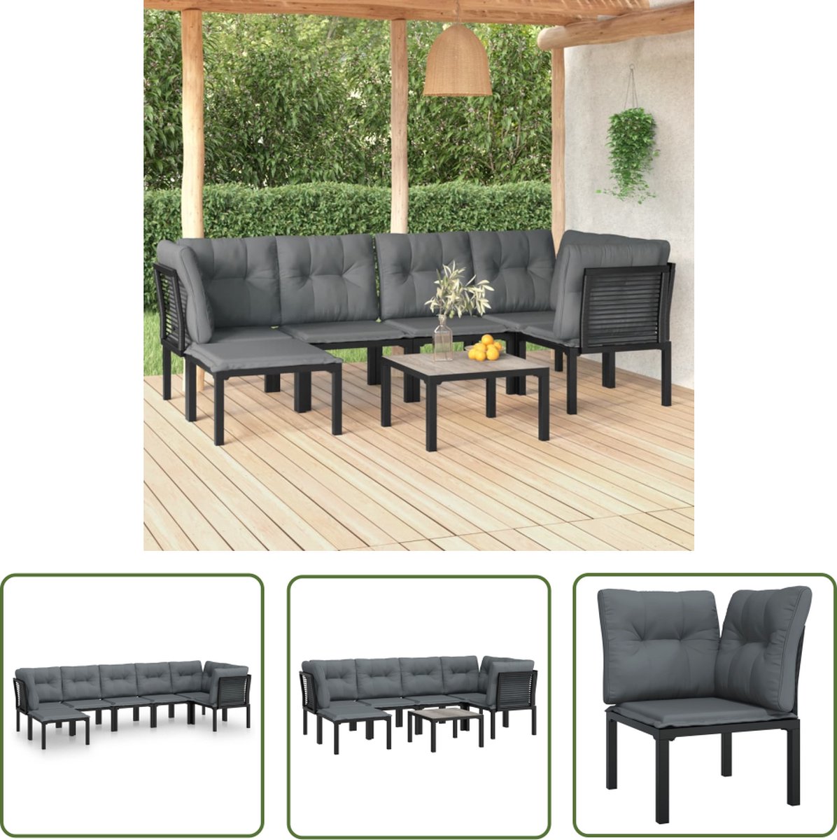 Zwarte en grijze poly rattan loungeset met 7 delen - Tuinmeubilair.
