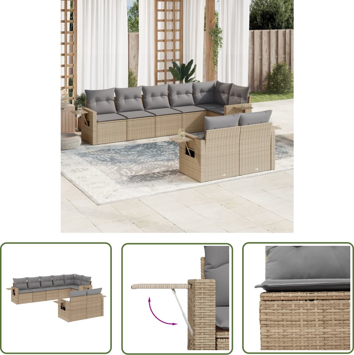 Poly rattan lounge set in beige with cushions - outdoor furniture.