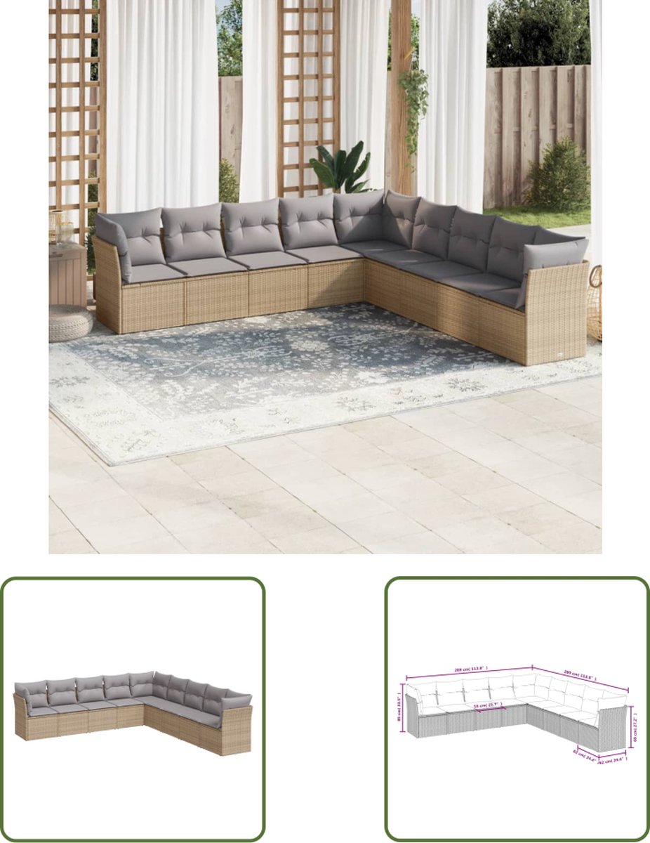 The Living Store 9-delige Loungeset in beige poly rattan met kussens