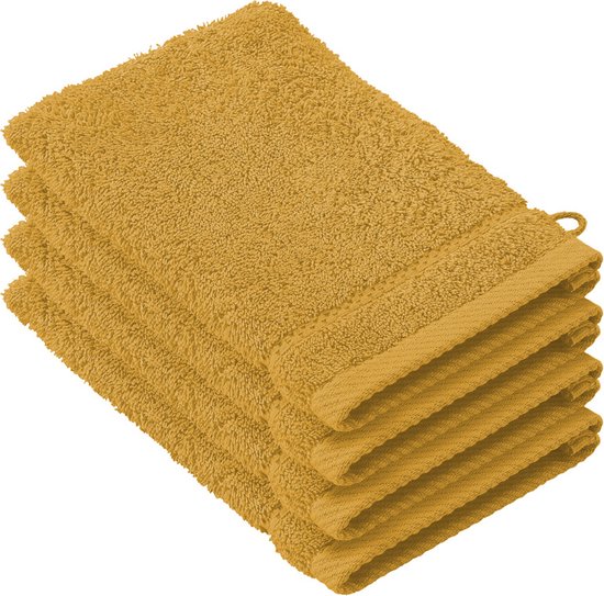Stapel van vier gele washandjes met een ribbelrand.
