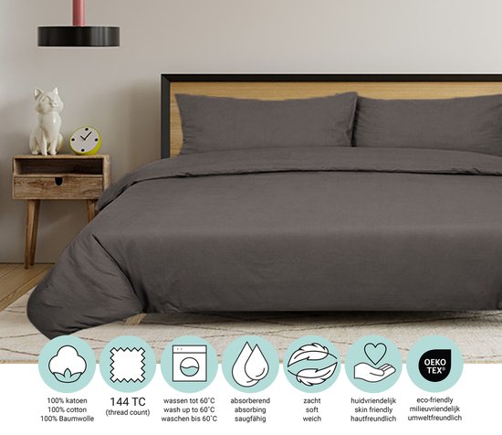 Housse de couette Uni - 100% coton naturel - 140x200/220cm - anthracite