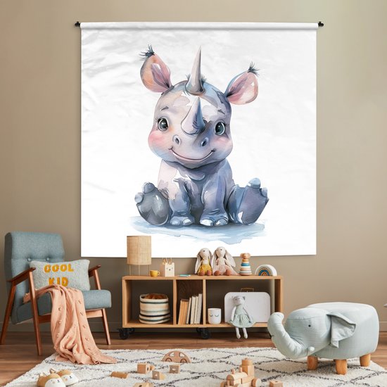 Wandkleed 180x180 cm - Wanddoek Neushoorn - Baby dier - Dieren - Wandtapijt - Wandkleden