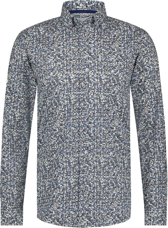 Blauw herenoverhemd met lange mouwen en een subtiele print van witte, bruine en donkerblauwe lijntjes.
