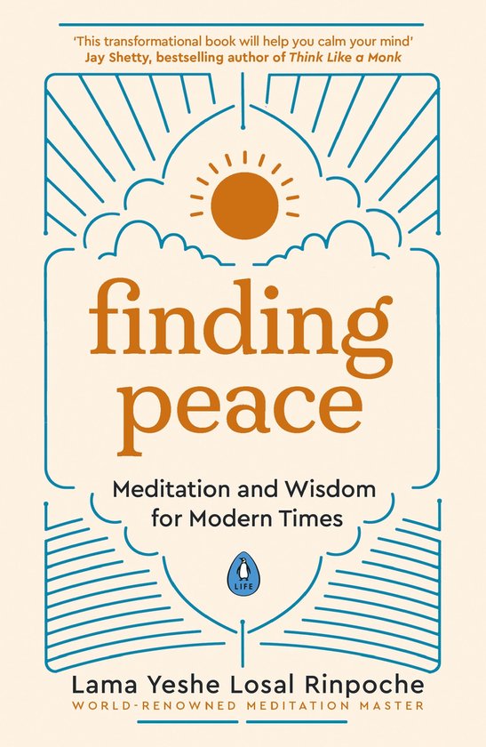 Boek 'Finding Peace' met oranje titel, met zon en wolken als illustratie.
