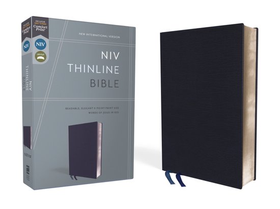 Donkerblauwe NIV Thinline Bijbel, met 2 lintmarkers en "Words of Jesus in Red".