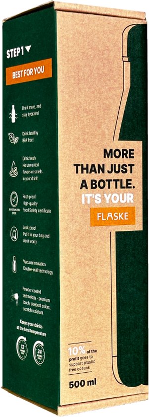 Verpakking van een RVS drinkfles met productinformatie en een groene afbeelding.