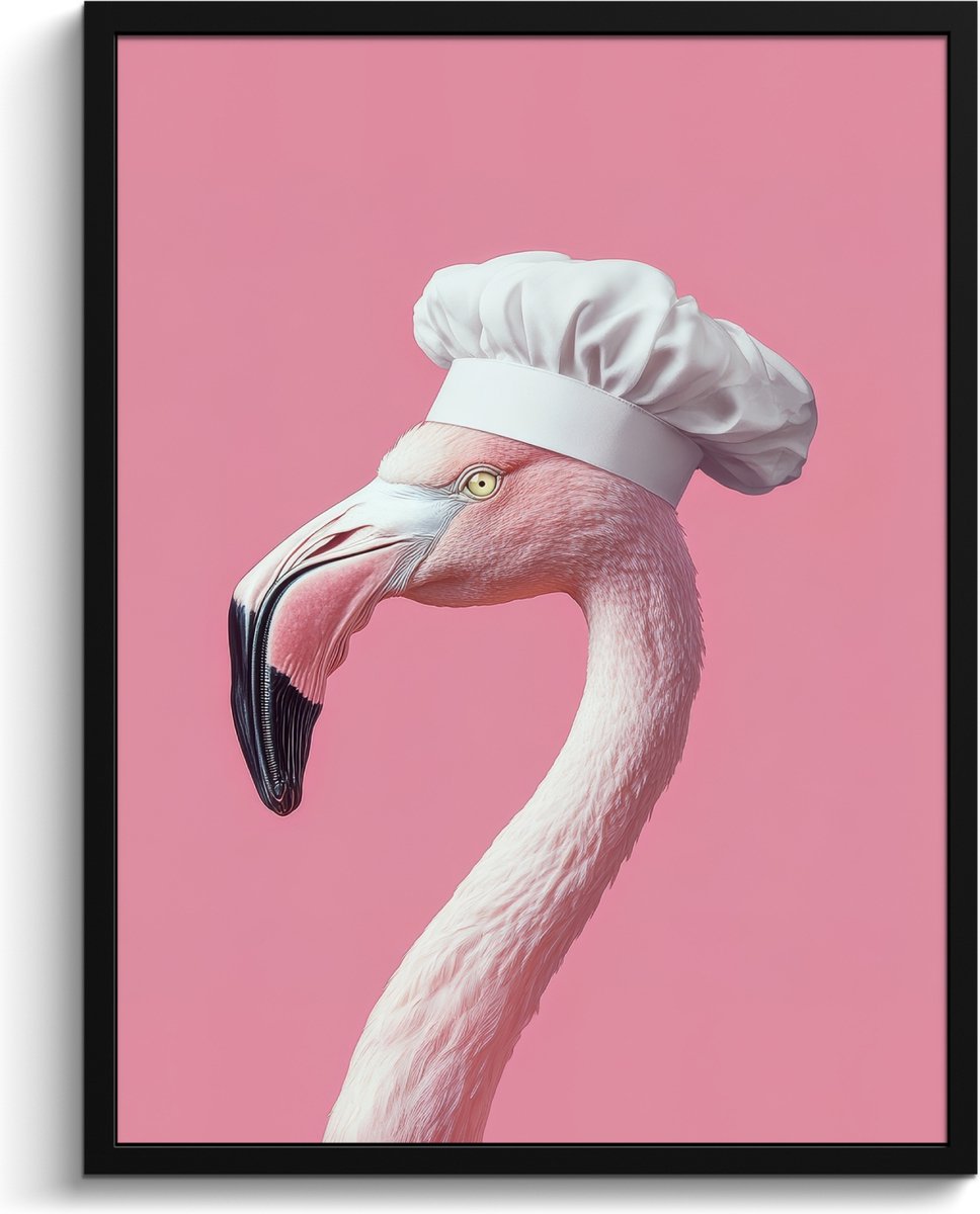 FrameYourWall Fotolijst inclusief poster - Posterlijst 60x80 cm - Posters - Flamingo - Roze - Koksmuts - Vogel - Foto in lijst - Keuken decoratie muur - Wanddecoratie accessoires - Muurdecoratie - Schilderijen Koksmuts - Flamingo